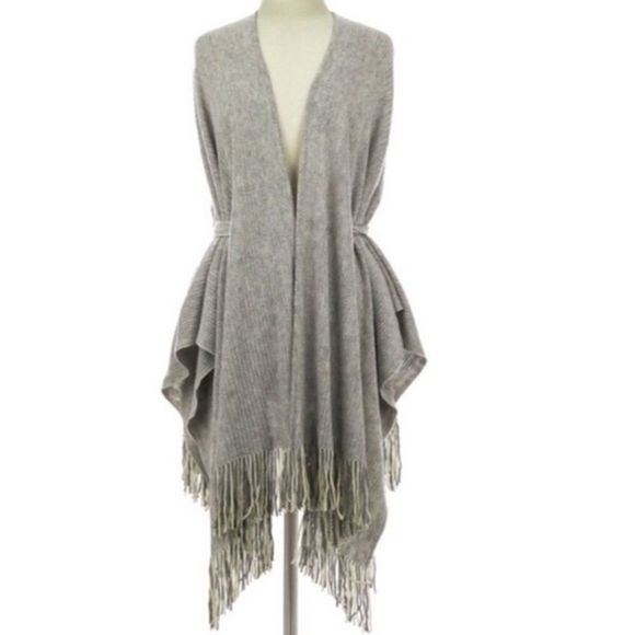 Grey Knit Belt Tie Waist Wrap Poncho Cardigan OSFM - Picture 1 of 12